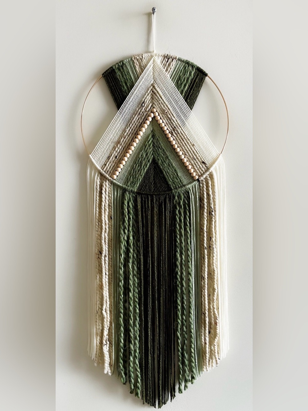 Dark Green and Beige Beaded Yarn Hoop Wall Hanging Macrame Wall Art
